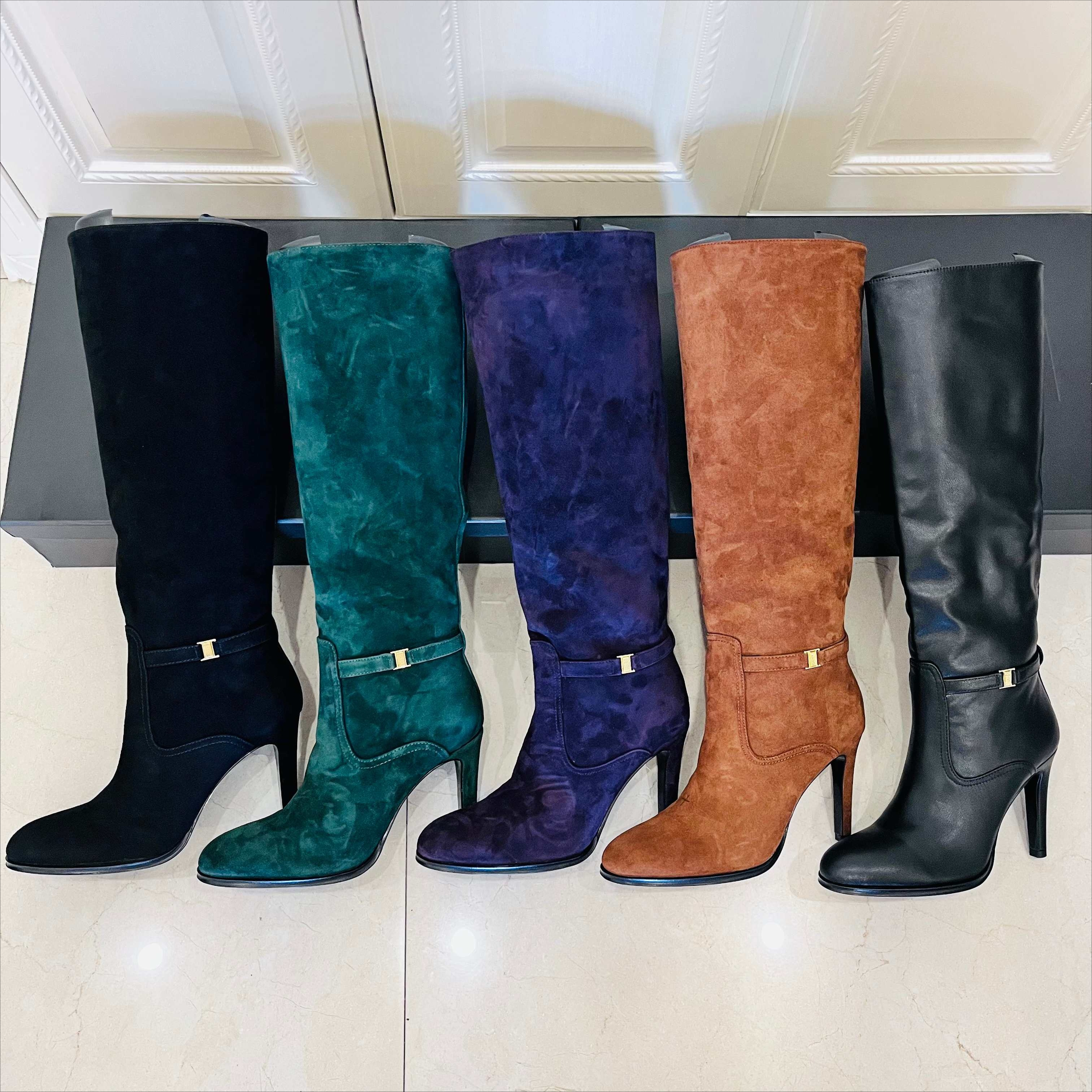 DIANE SUEDE KNEE BOOTS Luxury designer women slip on stiletto heel almond shaped toes knight boots Fashion ladies high heel fall winter long boots F