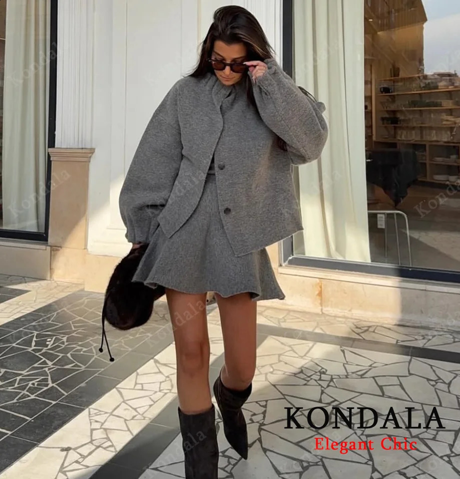 KONDALA Ladies Fall Knitted Skirt Set Pleated O-Neck Buttons Jacket Mini Skirt Autumn Fashion Elegant Female Skirt Suit 260916
