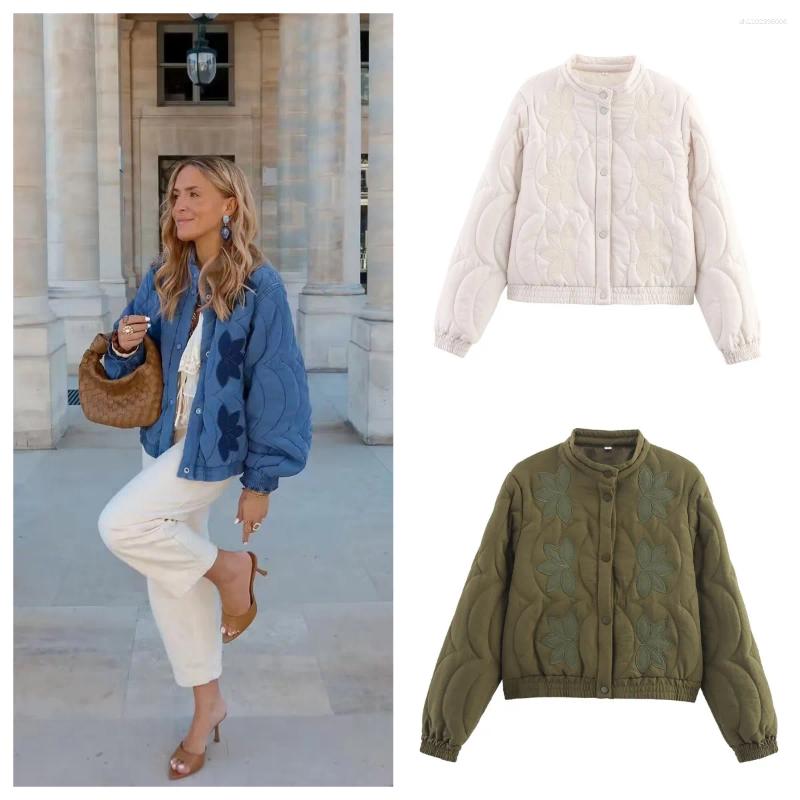 Autumn/Winter 2026 Women's Retro Fashion Flower Embroidery Stand Collar Quilted Cotton Jacket Short