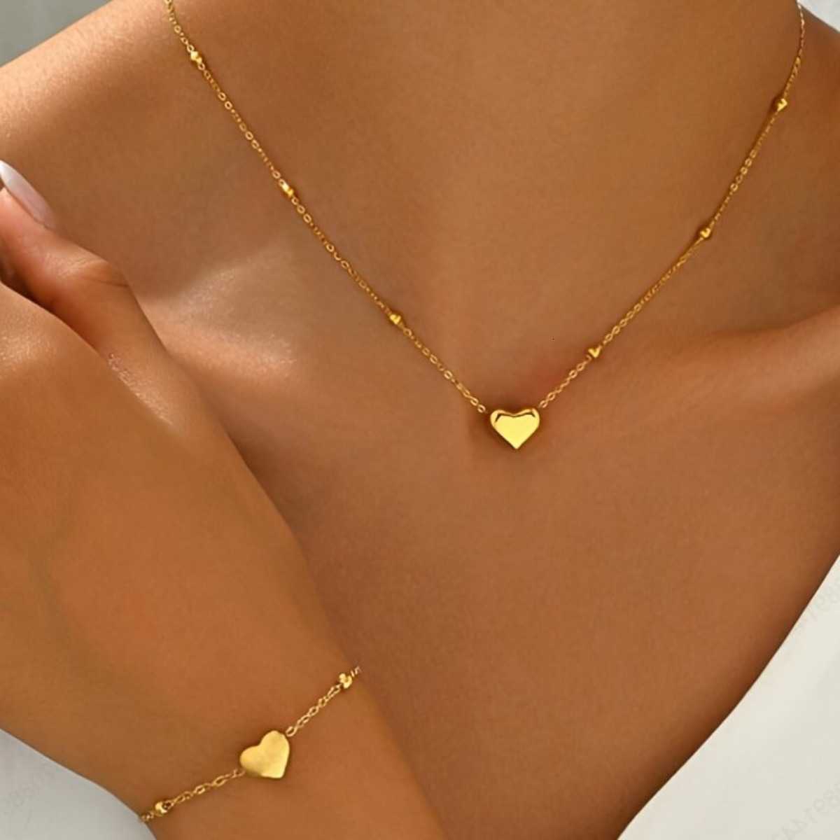 Heart Fashion Necklace Set for Women StainlESS Steel Gold Color Hypoallergenic Daily Jewelry Set Gifts 2pcs SetT260916