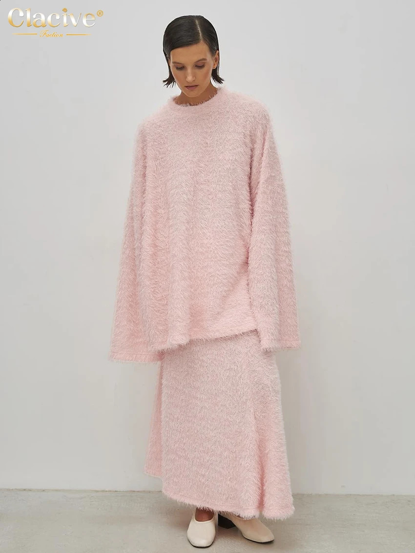 Clacive Casual Loose Pink 2 Piece Sets Women Outfit Elegant Long Sleeve Shirt With High Waist Ankle Length Skirt Set Female 260916