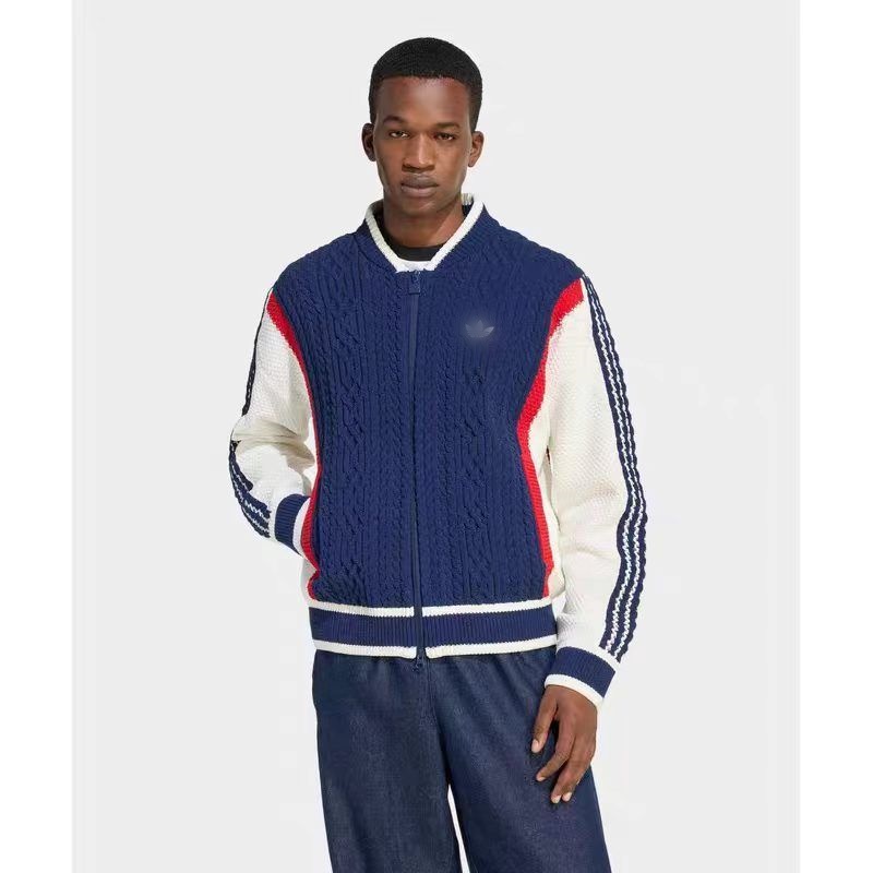 Designer Men's Clover Color Block Baseball Jacket Zip Up Varsity Jacket Navy Blue White Stripe Sleeves Designer Style Fashion Casual Streetwear