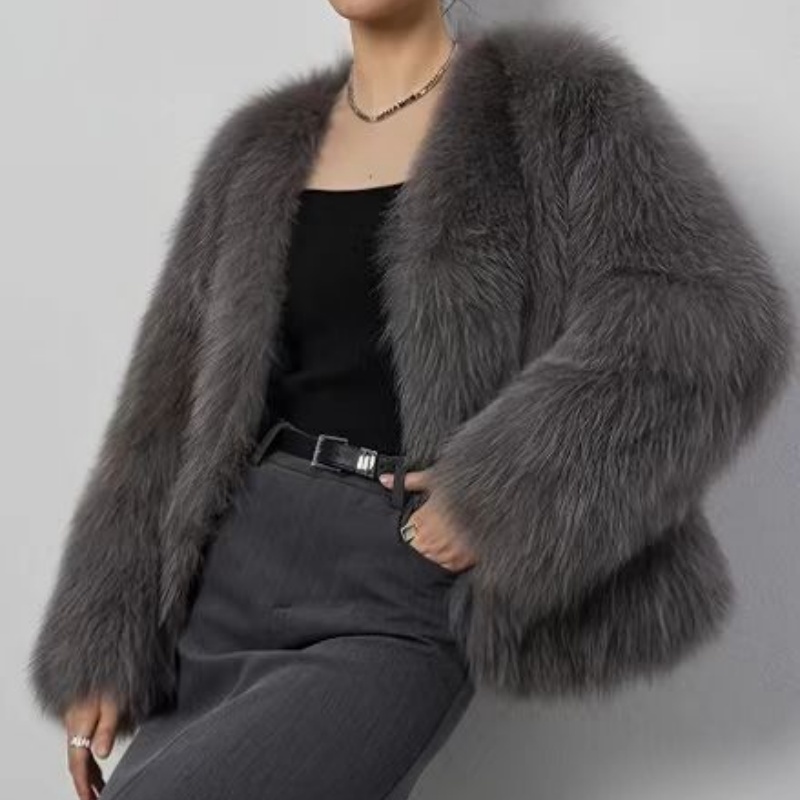 Elegant Grey Short Open Coat For Women Round Neck Long Sleeve Loose Silhouette Versatile Outer Garment For Dating And Social Events