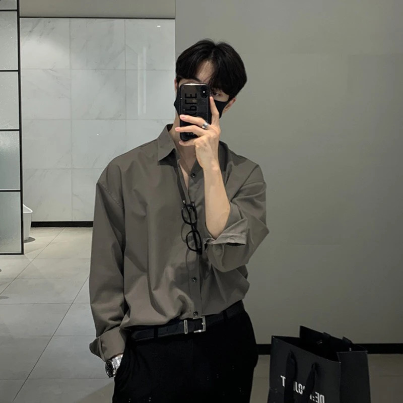 Korean Business Men Shirts Light y Slim-fit Solid Color Long Sleeve Cardigans Leisure Breathable Solid Color Basic Tops 260916