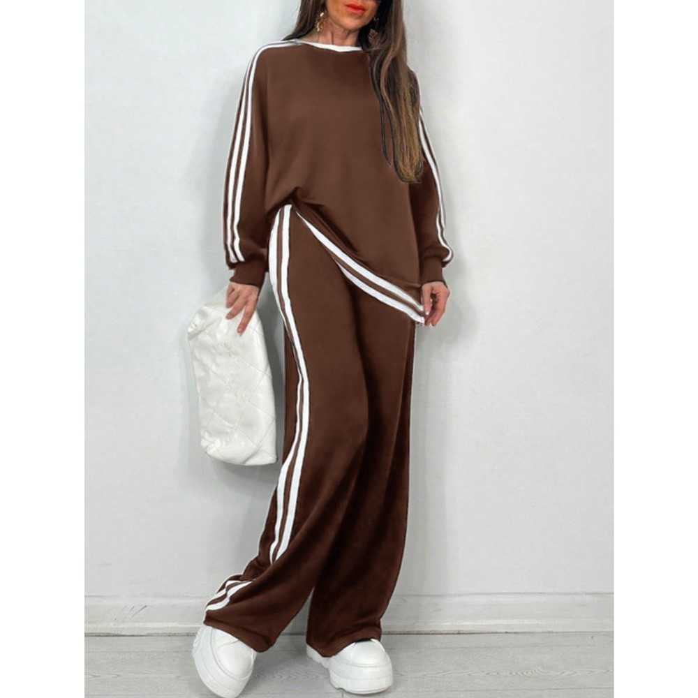 Winter Autumn New Fashion Splicing Striped Sports Trousers 2-piece Set Casual Loose Simple Sweatshirt Female Trousers Suit 2026 S260916DI82