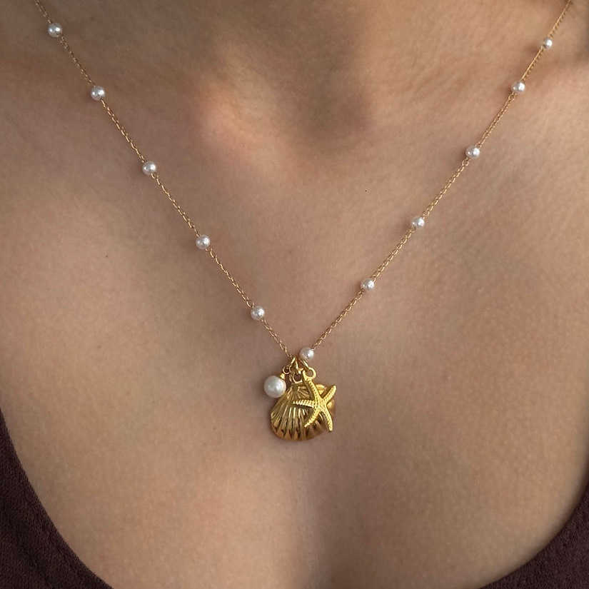 Gold Color Boho Shell Imitation Pearl Pendant Necklace For Women Trendy Lucky Jewelry Geometric Round Charm Clavicle ChainT260916
