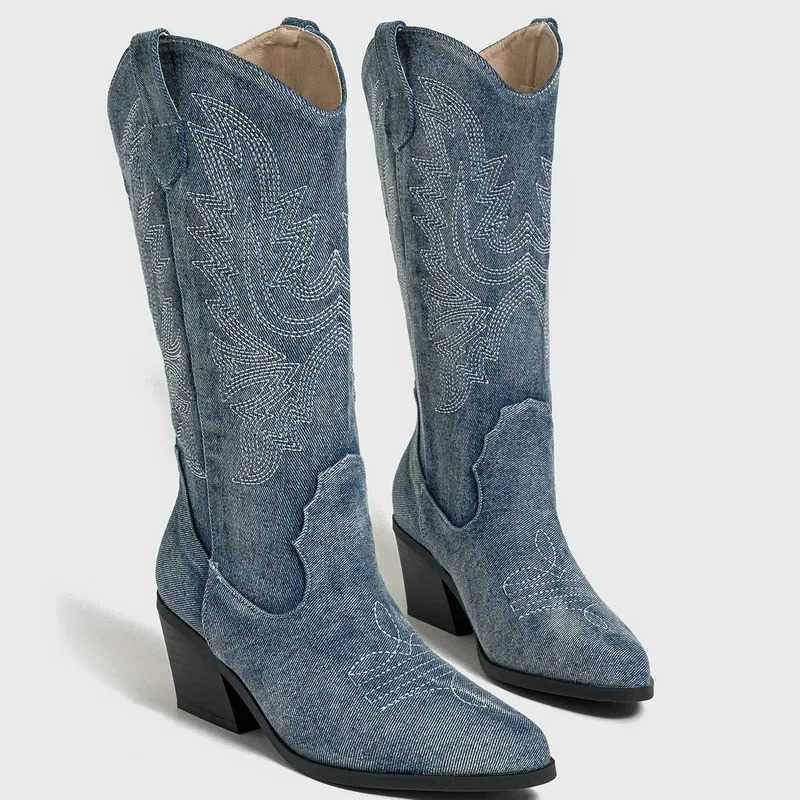 Knight Western Women Boots Embroidered Thick Heel Mid-calf Boots for Office Business Nightclub Party Banquet D260916