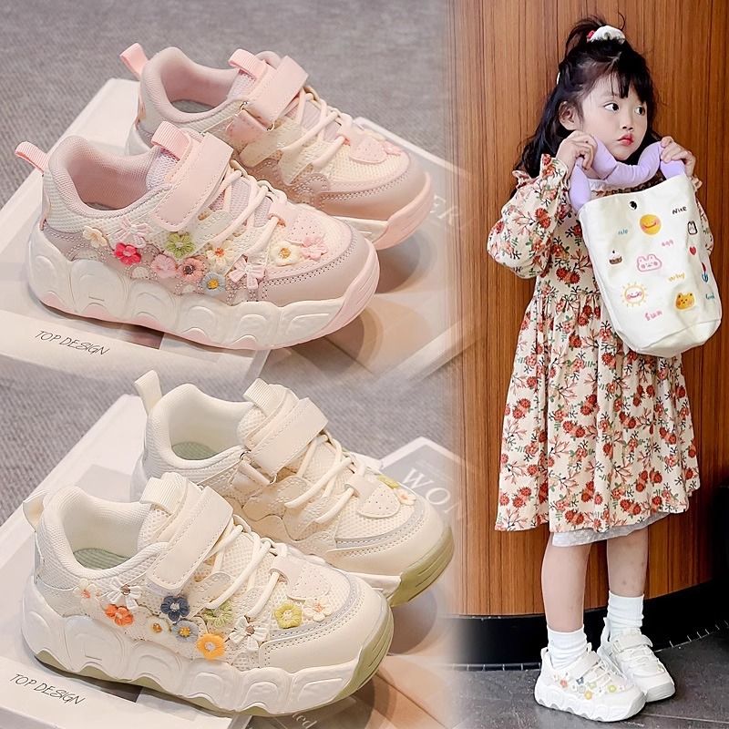 Athletic Outdoor Shoes For Girls Floral Embroidered Sneakers Breathable Mesh Upper Velcro Strap Casual Daily Wear Pink White