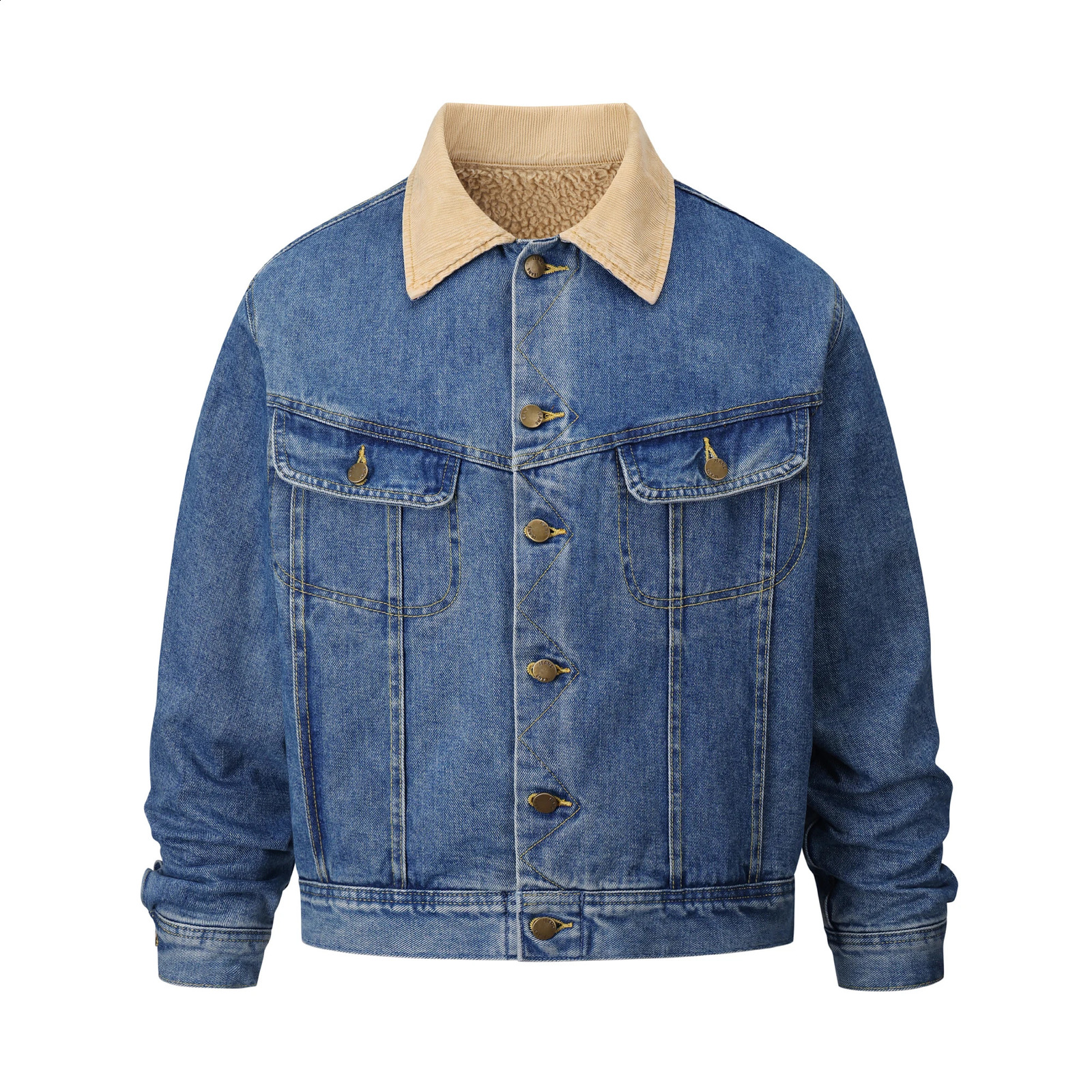 Sherpa Lined Denim Jacket Patchwork Corduroy Collar Fleece Cargo Jackets Mens Vintage Wash Boxy Oversized Warm Jean Coat Winter 260916
