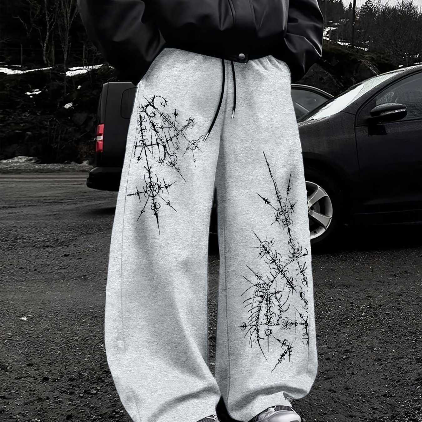 Versatile Gothic Pattern Printed Men's Drawstring Loose Casual Sports Pants Men's Outdoor Daily Casual Pants D260916