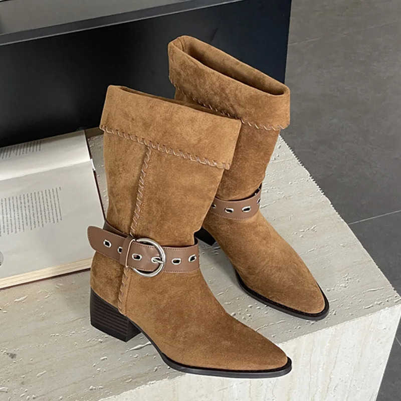 Aneikeh Soft fashion leather Pointed Toe Strap Women Ankle Boots Design Turned-over Edge Square Low Heels Shoes D260916