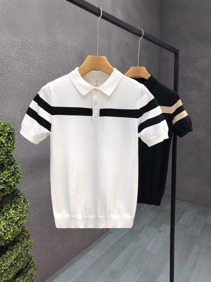 Designer 2026 minimalist striped color block knit T ice silk polo shirt men's casual versatile elastic breathable and comfortable e0
