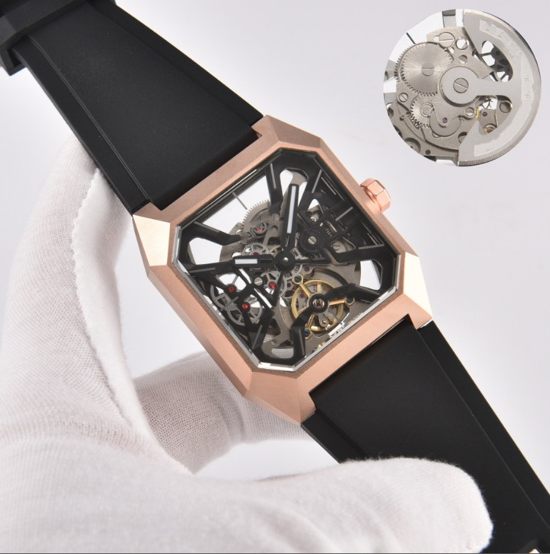 MEN New BELity ROSity Watches Automatic mechanical Hollowed-out bottom wristwatches High Quality Luxury Brand Chronograph rubber Clock l Belt Waal t