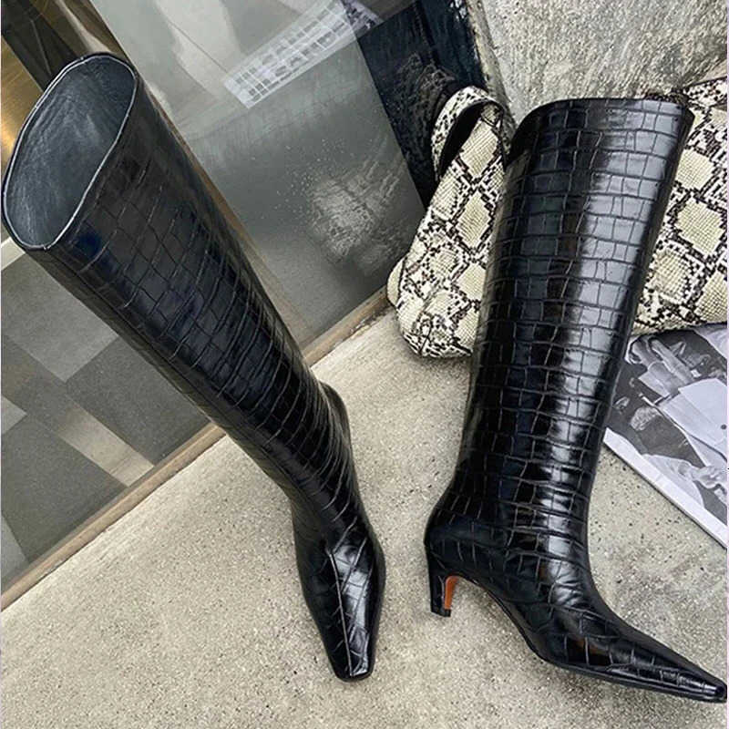 Heels Thin Low Punk Style Long Booties New Design Stone Grain Woman Knee-High Boots 2025 Autumn Winter Shoes D260916