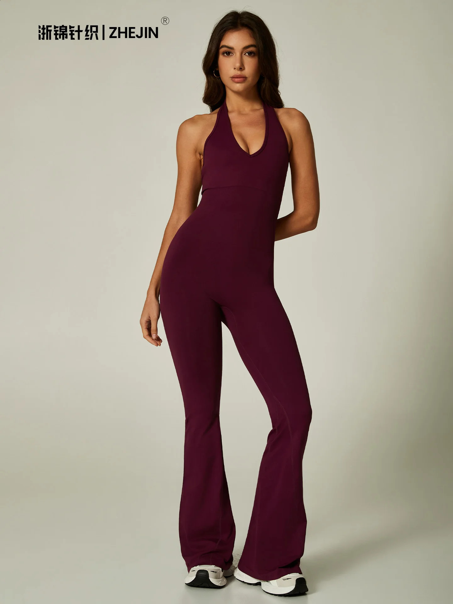 Sexy V Neck Halter Jumpsuit Women Flare Leg Yoga Romper Backless One Piece Gym Workout Bodysuit Tummy Control Fitness Activewear 260916