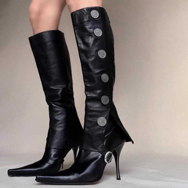 Punk Removable Button Boots Street Thin Heel Pointed Toe Mid-calf Winter Women Shoes Black fashion Niche 2026 New D260916