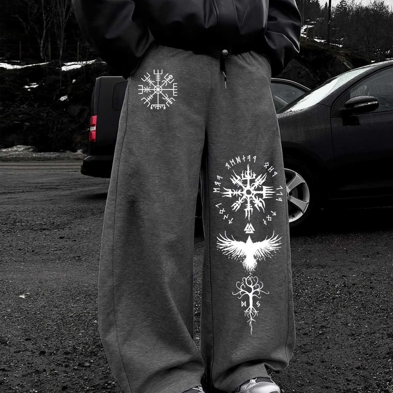 Casual Sports Pants Viking Men's Nordic Print Drawstring Wide Legs Loose Fit Men's Fashionable Daily Wear D260916