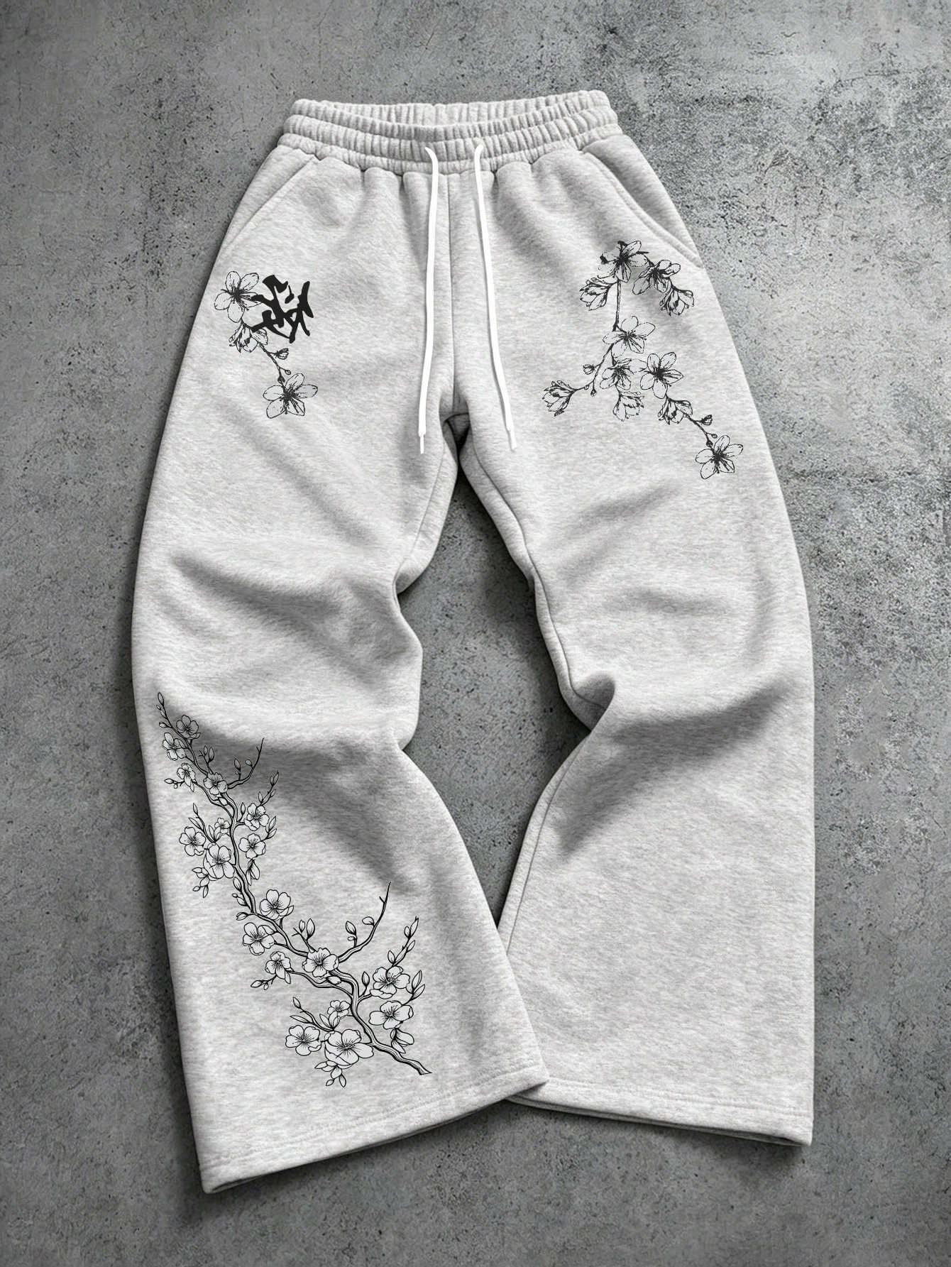 Flared Men's Light Sport Gray Pants Retro Y2K Gothic Style with Cherry Blossom Branch and Chinese Character Prints D260916