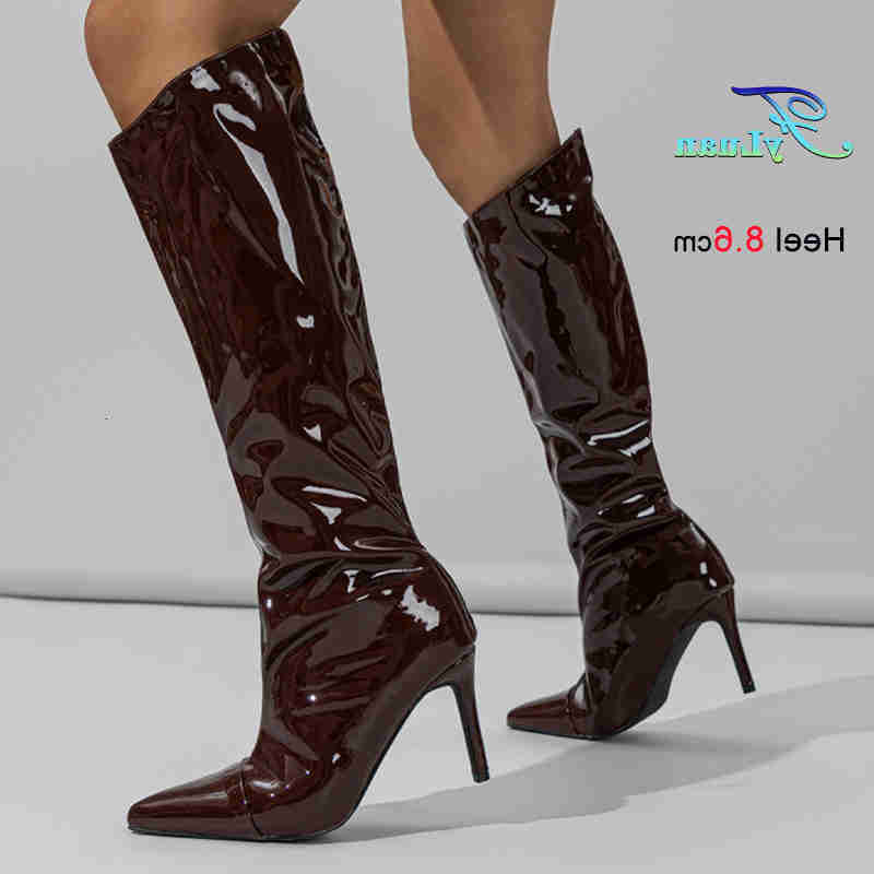 Brown Spring 2026 Pleated New Patent Leather Women's Knight Boots Thin High Heels 8.6cm Pointed Toe Ladies Knee High Boots Shoes D260916