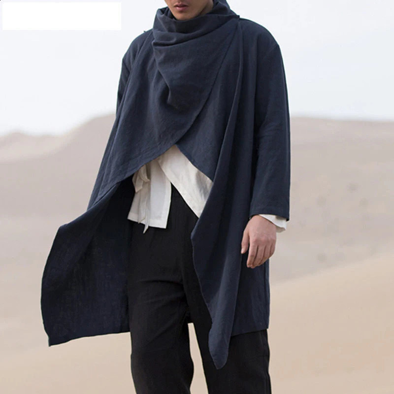 Spring Men Irregular Thin Trench Jackets Long Sleeve Solid Color Scarf Collar Casual Windbreaker Retro Loose Cotton Cloak M-4XL 260916