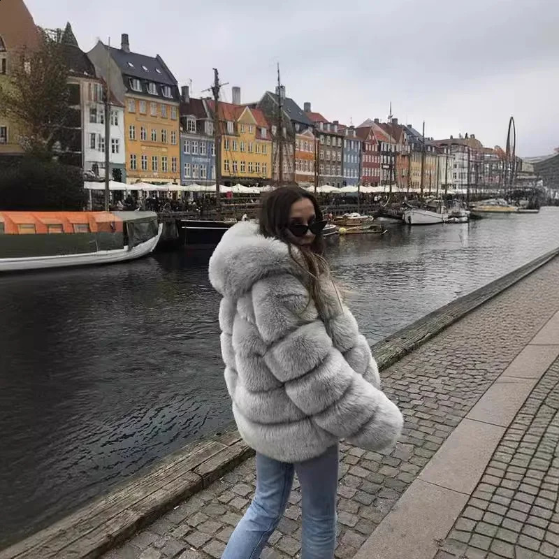 Women Faux Rabbit Fur Coats Hooded Jackets Solid Long Sleeves Open Stitch Thick Warm Loose Fit Casual 2025 Autumn Winter 260915