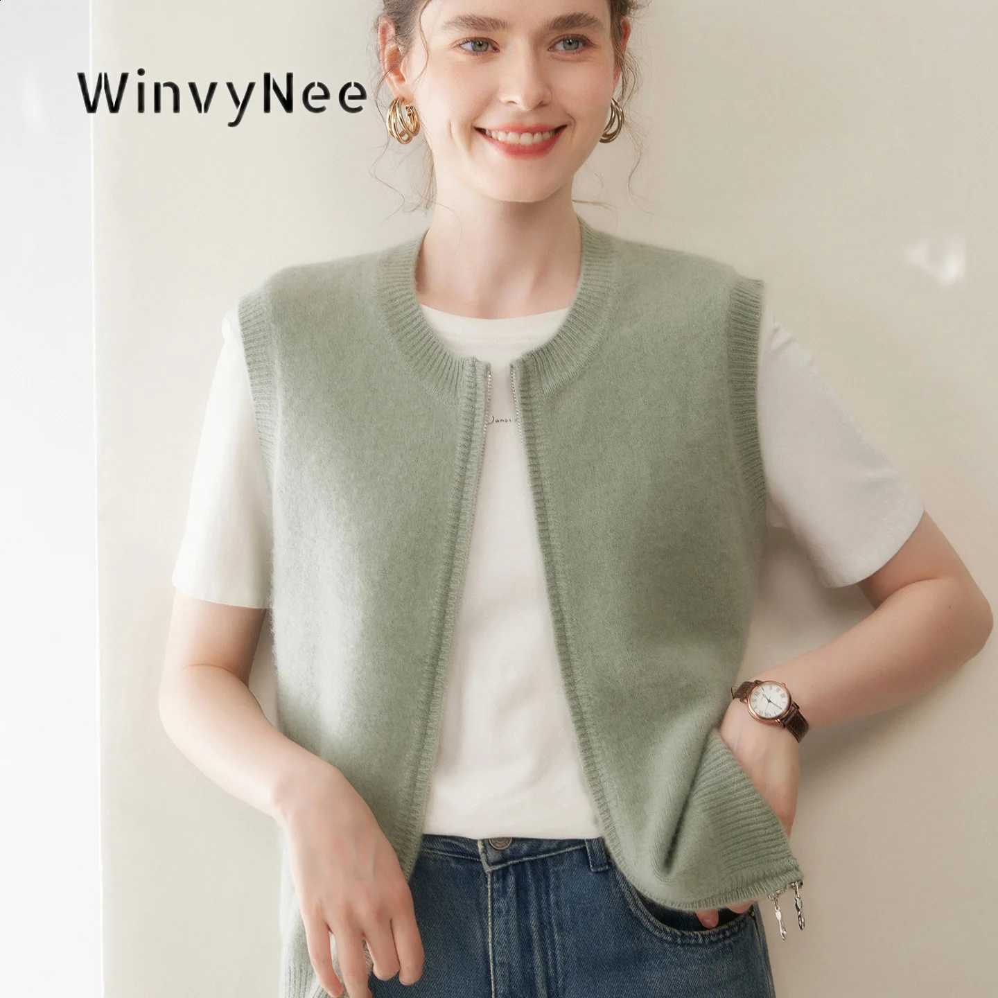 Zip WinvyNee Women Vest Cashmere Cardigan Sleeveless Knit Top Fine Daily Layer Soft Thick Warm Elegant City Office Wear C1054073W260915