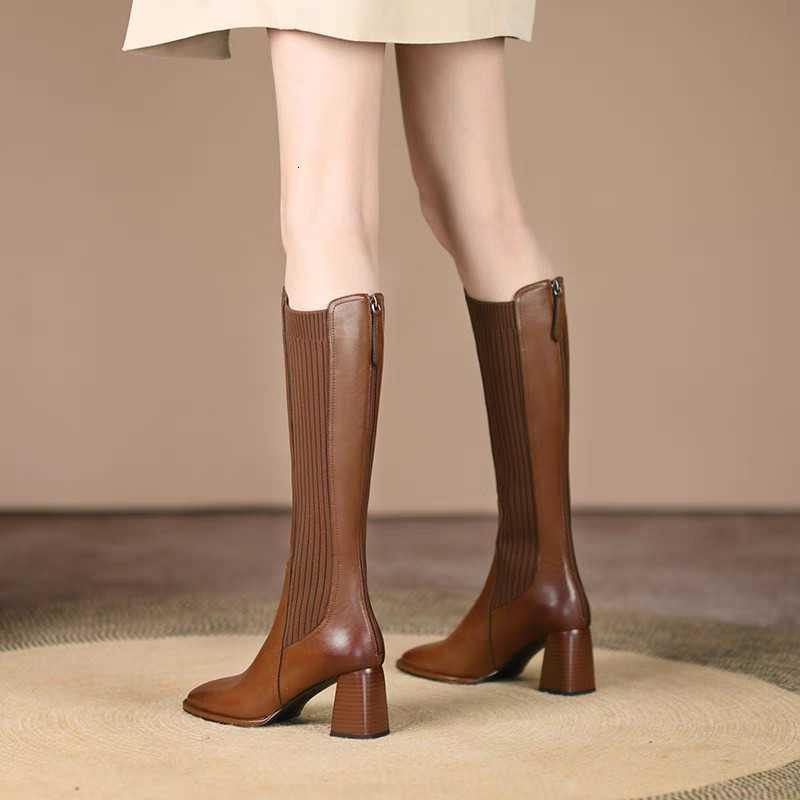 Stretch 2026 new Slim Winter Women Knee-High Boots fashion Zippers Thick Heels Shoes Female Vintage Long Booties Zapatos De Muje D260916
