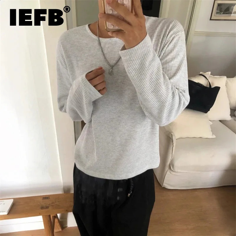 IEFB Old Money Style Round Neck Waffle Long Sleeve Mens Tshirt Loose Comfortable Korean Style Pullover Tops Gray Black 9X2359 260916