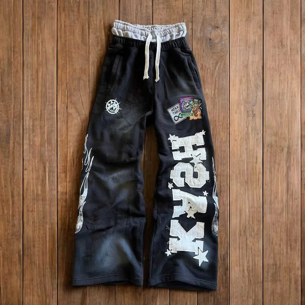 Hip Summer Hot Sale Y2K Hop Baggy Wide Leg Pants Unisex Double Layer Waist Letter Patch Flame Print Streetwear Loose Trousers D260916