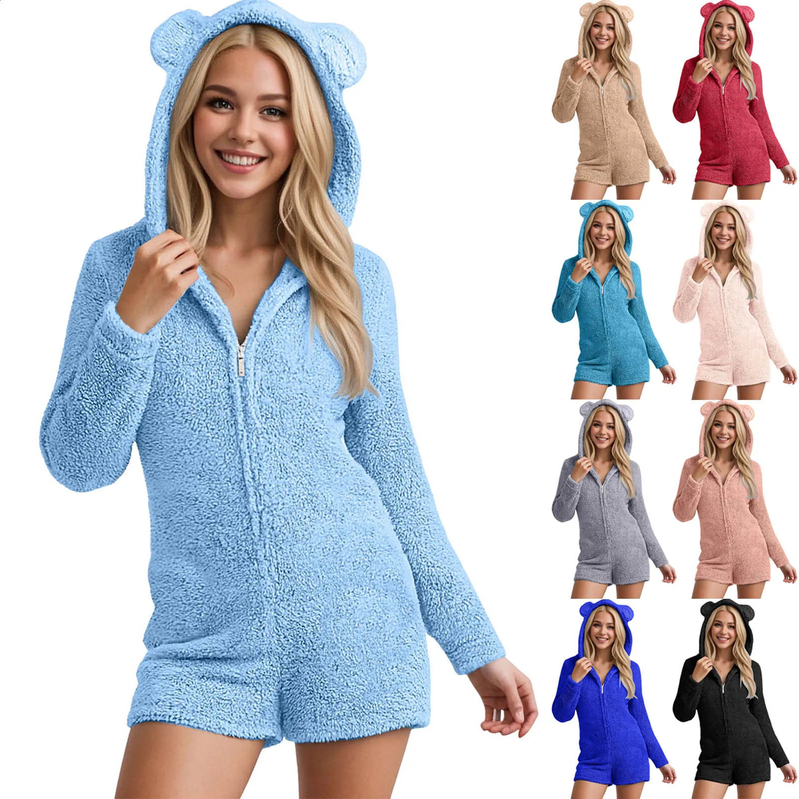 Womens Casual Fleece Hooded Sweater Jumpsuits Bear Ears Hooded Fleece Long Sleeve Rompers Zip Bodycon Overalls Shorts Bodysuit 260916