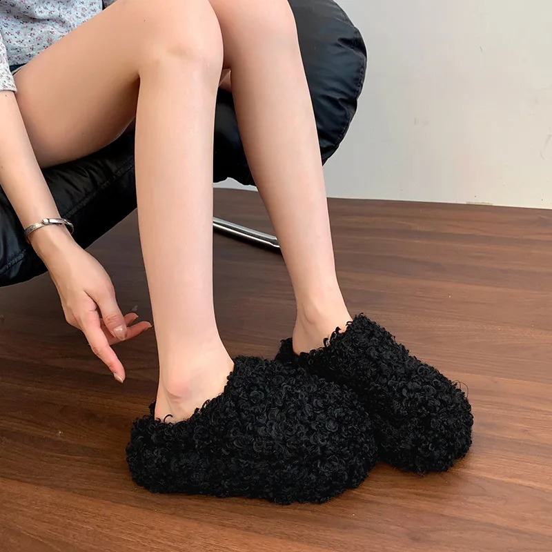 Retro Solid Warm Casual Hairy Half Slippers for Women Winter men Versatile Plush Comfortable Non Slip Soft Soled Drags 260915