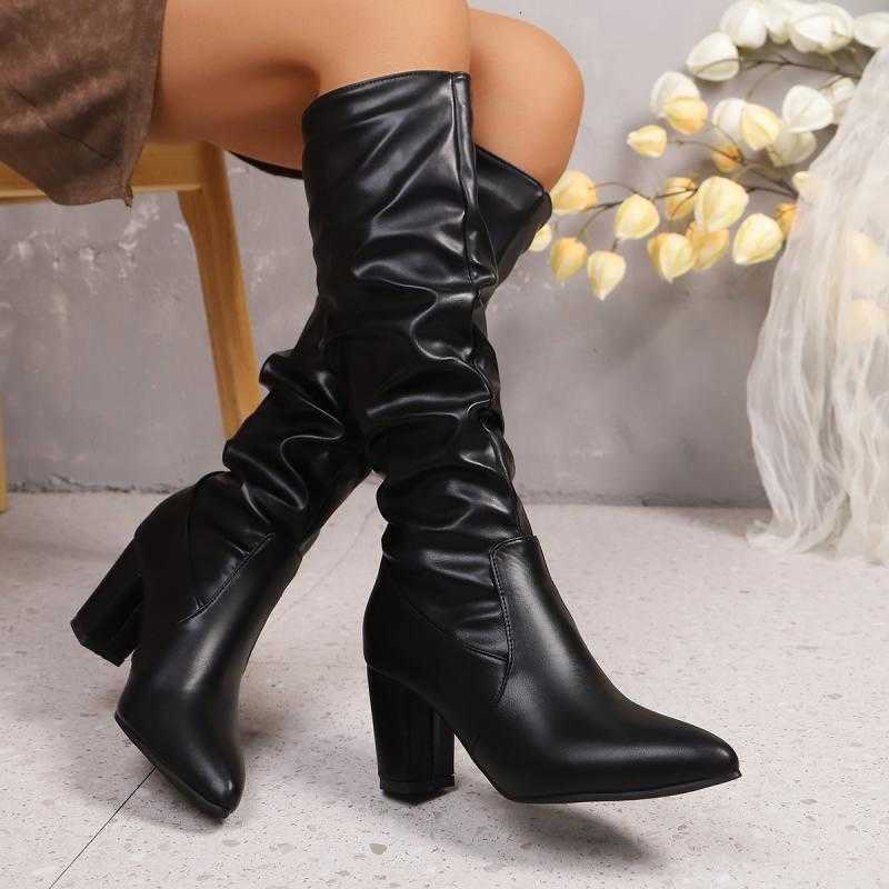 Black Solid Wrinkle Design Knee Boots Women 2025 Autumn Sexy Pointed Toe High Heel Riding Boots fashion Slip On Shoes D260916