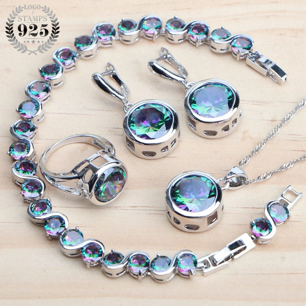 925 Sterling Silver Jewelry Sets Bridal Women Natural Magic Rainbow Zircon Earrings Ring Bracelets Pendant Wedding Necklace Set 260916
