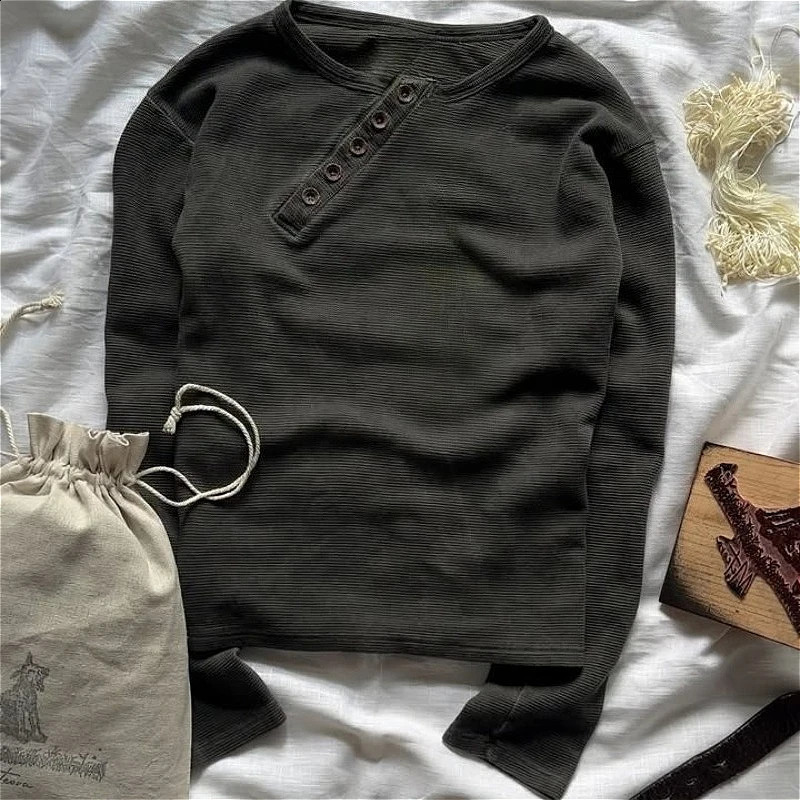 Y2K Retro Slant Button Pullover Asymmetric Waffle Henley Long Sleeve Tops Fashion Harajuku Casual Daily Unisex Streetwear 260916