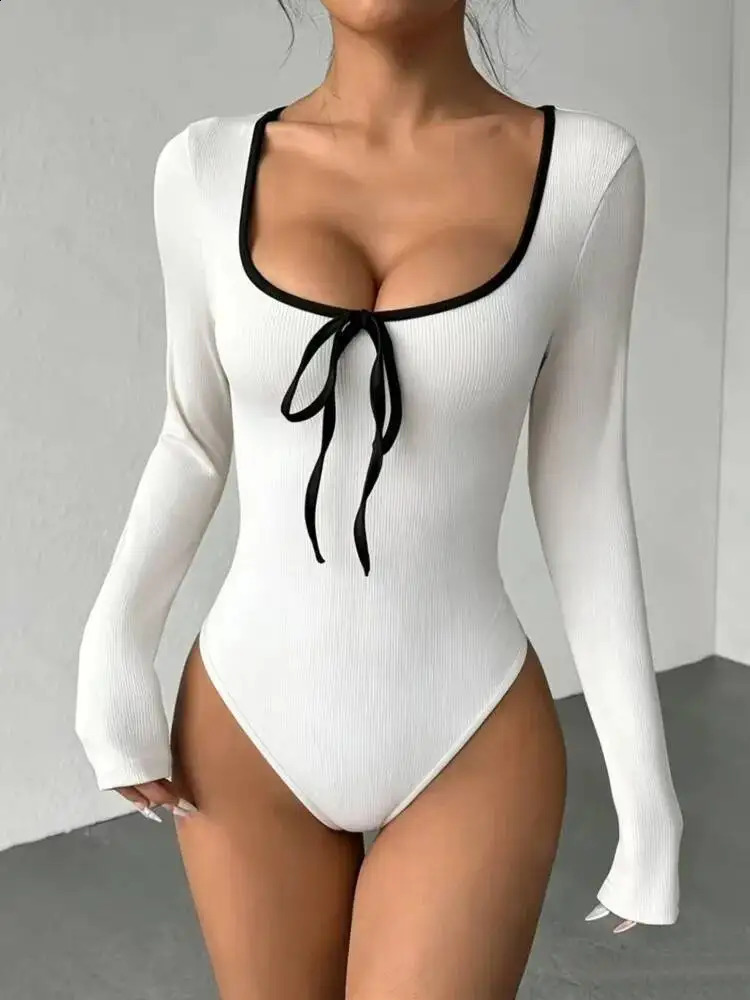 JULISSA MO Sexy Low Chest Lace Up Ribbed Women Bodysuit Long Sleeve High Stretch Bodysuit Summer Slim Casual Yuga Sporty Clothes 260916