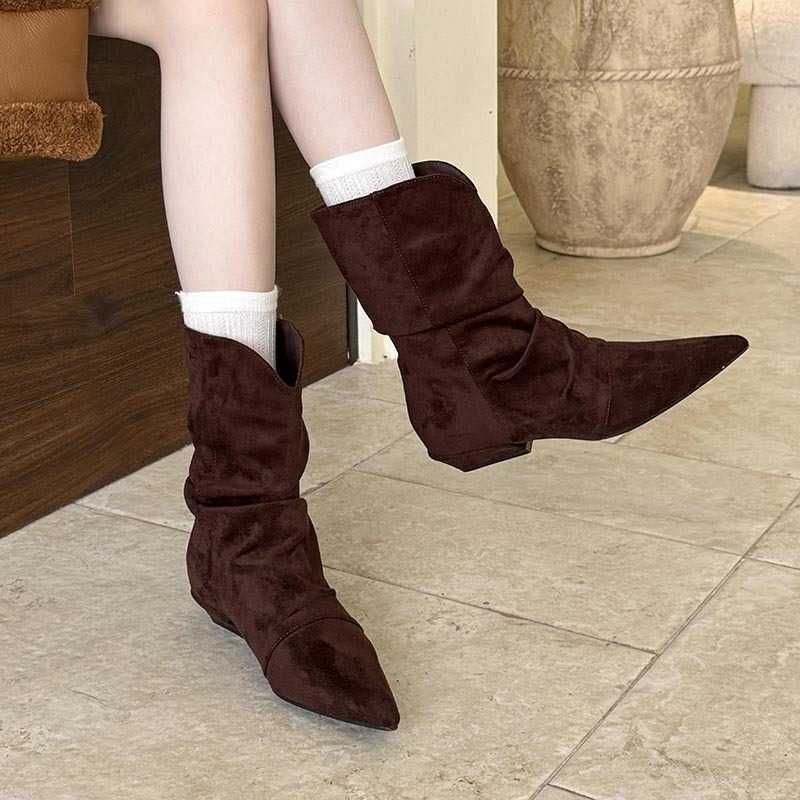 Ladies Aneikeh brown fashion Vintage Pointed Toe Pleated Ankle Boots Height Increasing Shoes Autumn Winter Botas Feminina D260916