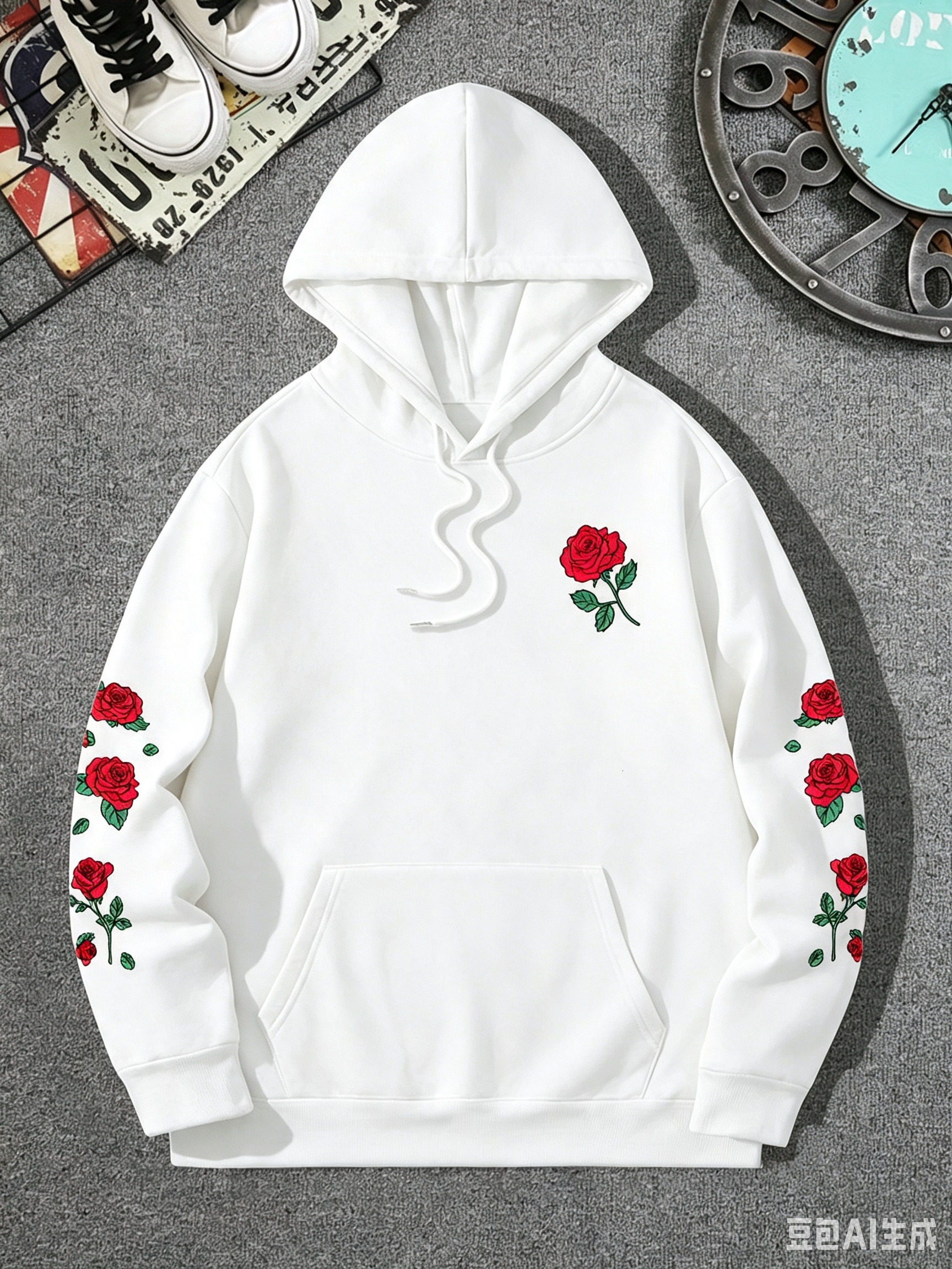 American-style Rose-patterned Men's Street Fashion Casual Autumn-winter Loose-fitting Hooded Warm-weather Hoodie J260916