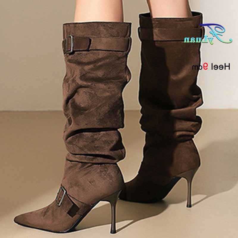 Winter Dark Brown Pleated Autumn Suede Women's Knee High Boots Pointed Head Belt Thin High Heels 9cm Ladies Knight Boots D260916