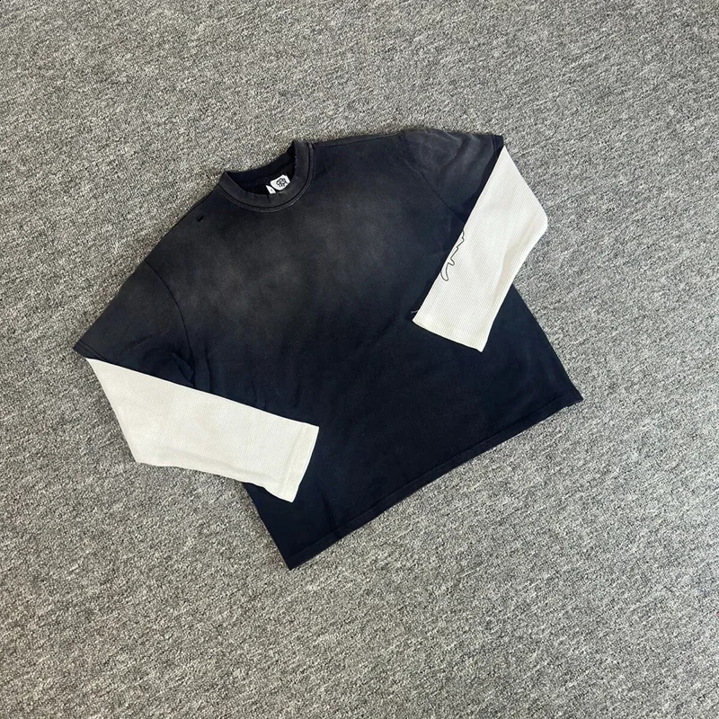 Men Women Couple Vintage Washed Black Damaged Hole Spliced Double Waffle Sleeves TShirt Mertra Long Sleeved TShirt Tee Tops 260916