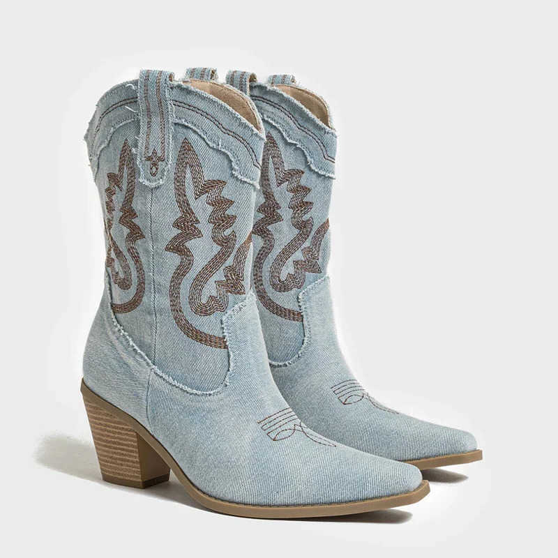 Pointed Aneikeh Design Embroidery Western Toe ANKLE Boots Women Square High Heels Shoes Winter Street Style DENIM Zapatos Mujer D260916