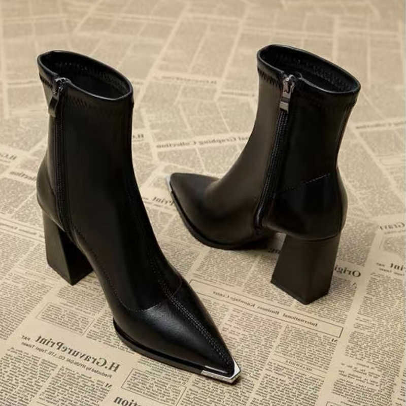 Boots Ankle Pu Black 2026 Winter French Pointed Toe High Heel Chelsea Boots Metal Decoration Designer Short Booties D260916