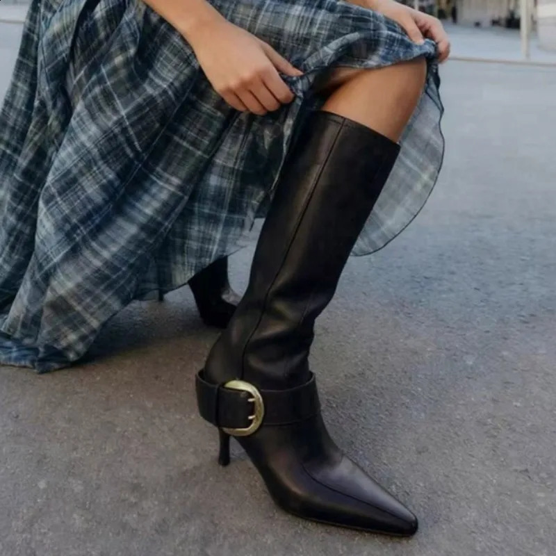 Pointed Toe High Heels Womens Boots Leather Buckle KneeHigh Women ner Style Slip on Winter Sexy Thin Heel Booties 3 260917