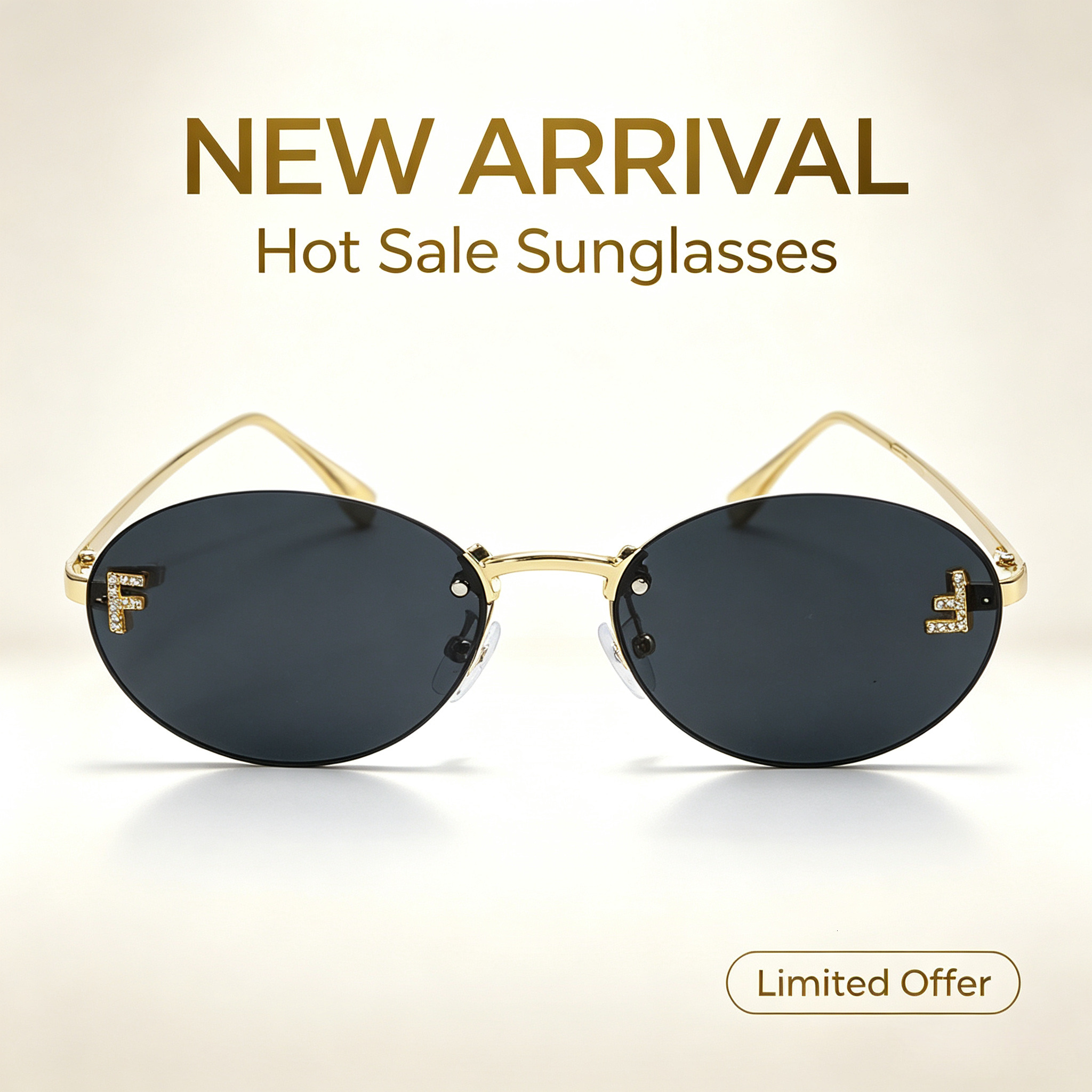 Diamond Letter "F" Rimless Sunglasses Women Luxury Brand Metal Frame Black Small Oval Sun Glasses Unsiex Elegant Shades J260916