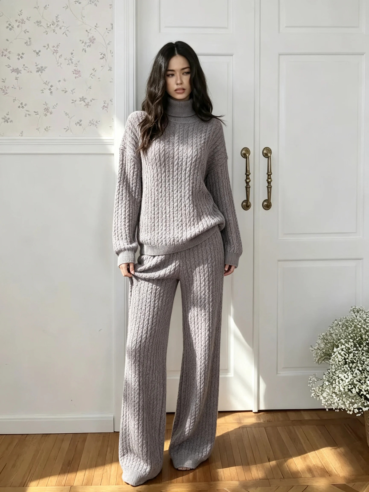 Bornladies Autumn Winter Fashion Women's Cable Knit Sweater Wide Leg Pants Set Soft Wool Blend Loose Fit High Neck Pullover 260916