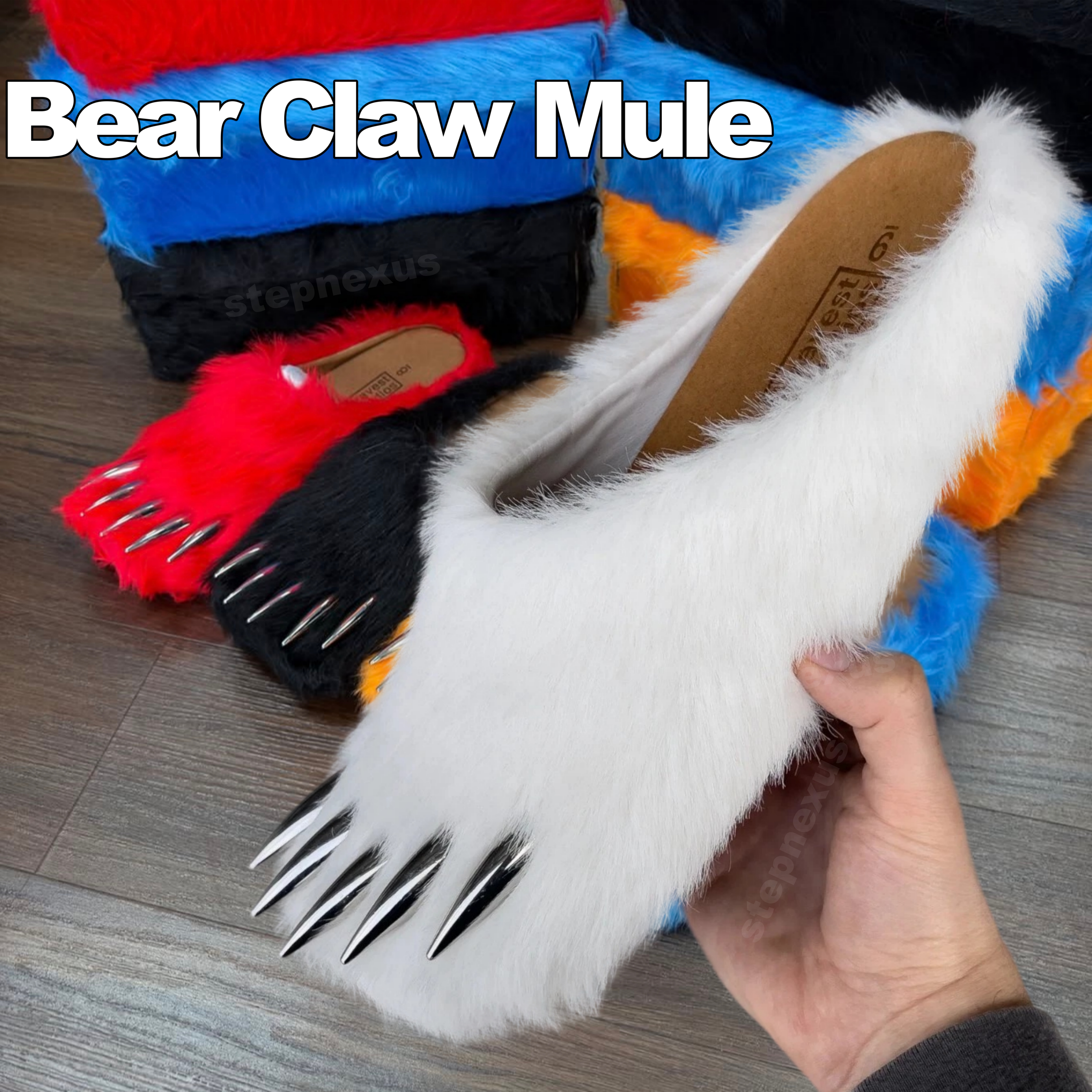 Bravest Studios Bear Claw Mule Shoes, Fluffy Long Plush Faux Fur Upper Rubber Sole, Metal Chrome Bear Claw Decor Slip On Unisex Slippers For Men Wom