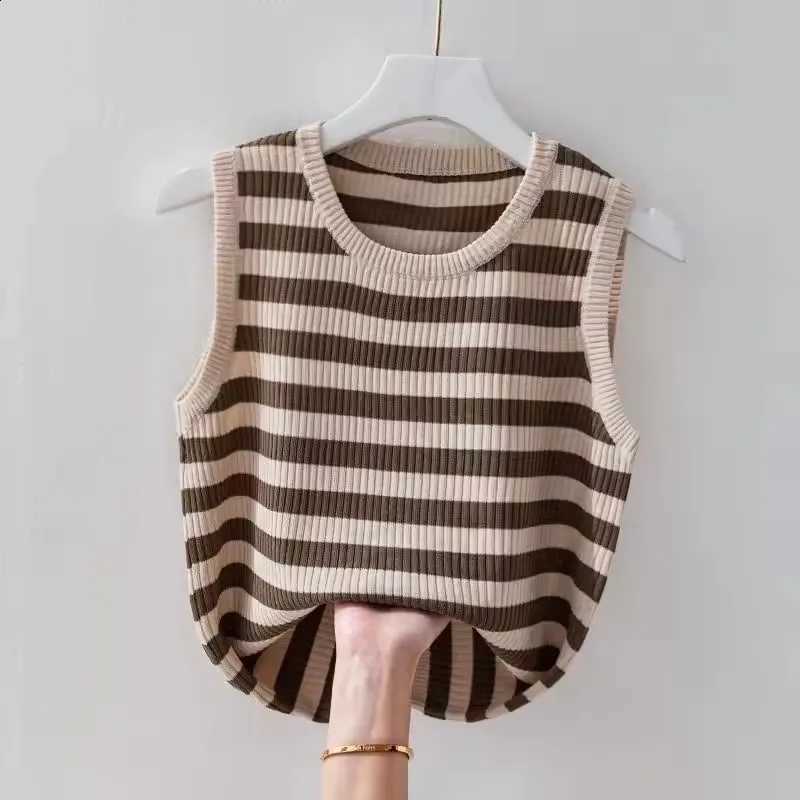 Knit Women Clothing O-neck Loose T-shirts Summer Fashion Ice Silk Striped Vest Chic Versatile Knit TeesW260915