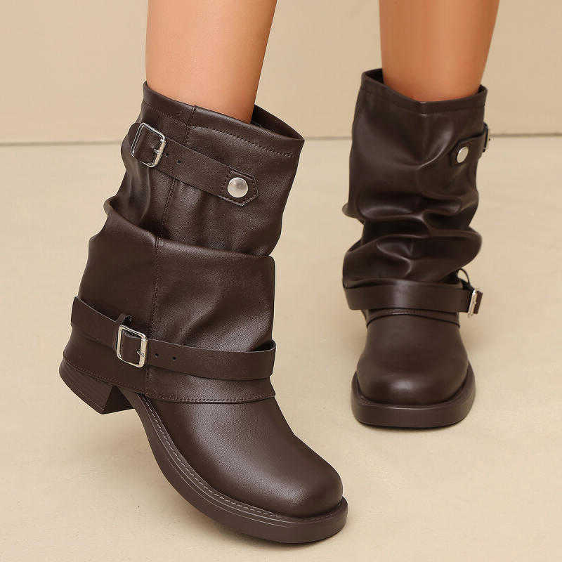 Rock Metal Belt New Ankle Boots Women Winter 2026 Comfortable Thick Heel Black Short Boots Women's Country Booties D260916