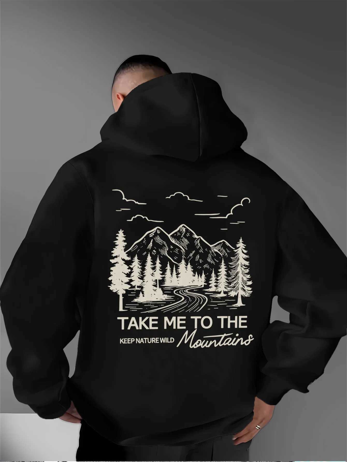 The Mens Take Me To Mountains Back Print Pullover Hoodie Mountain Forest Wilderness Slogan Graphic Hooded Sweatshirt Kangaroo Pocket Loose Fit Hikin