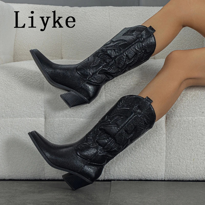 Liyke Big Size 42 43 Western Style Cowboy Boots For Women Fashion Embroider Leather Autumn Winter Low Heels Long Shoes Booties 260916