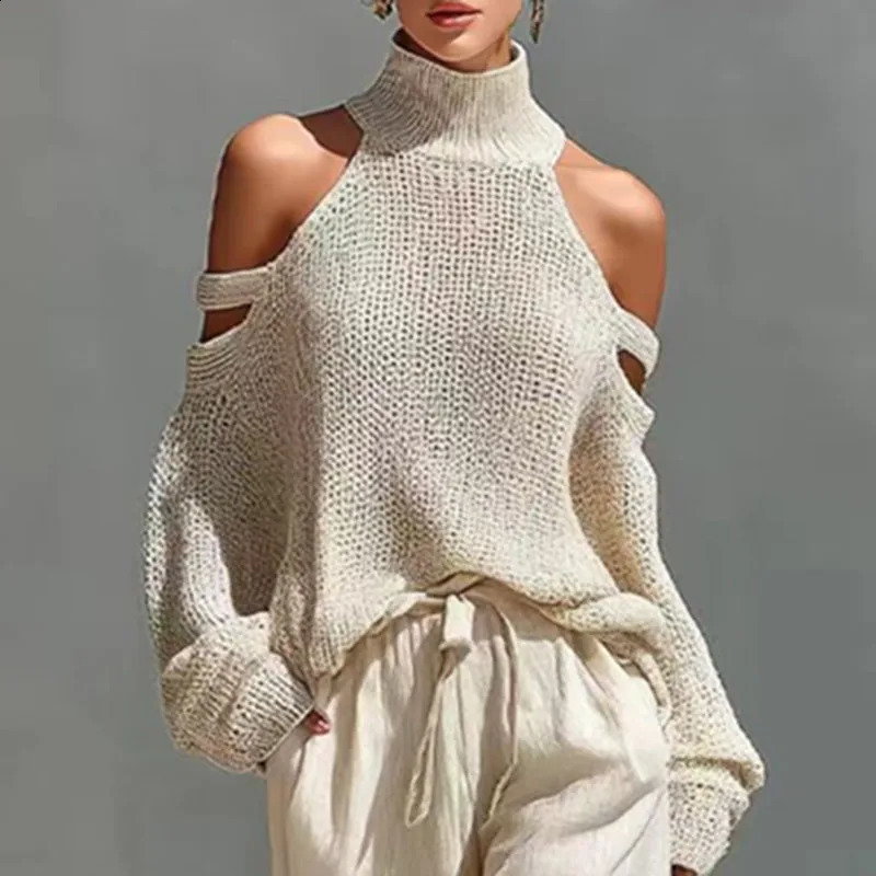 Womens 2 Piece Set Sexy Cold Shoulder Turtleneck Knit Sweater Wide Leg Pants Suit 2026 Spring Summer Casual Loose Boho Outfit 260916